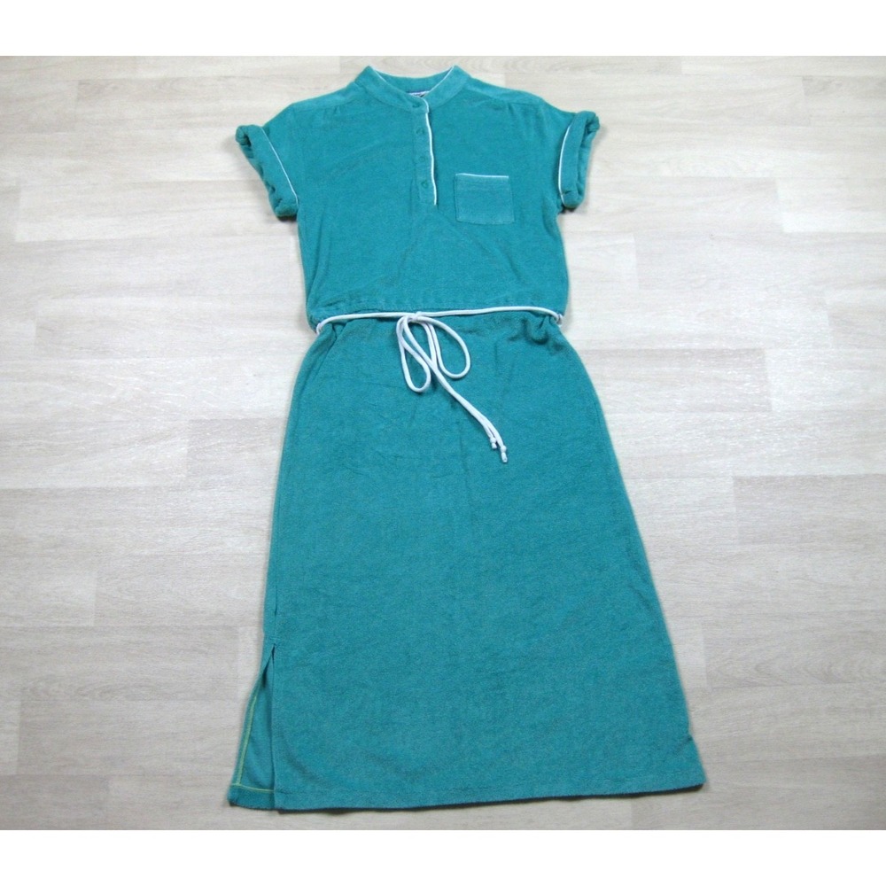 Vintage 70s Foxmoor Terrycloth Midi Dress (M) Teal Beach Summer Sundress